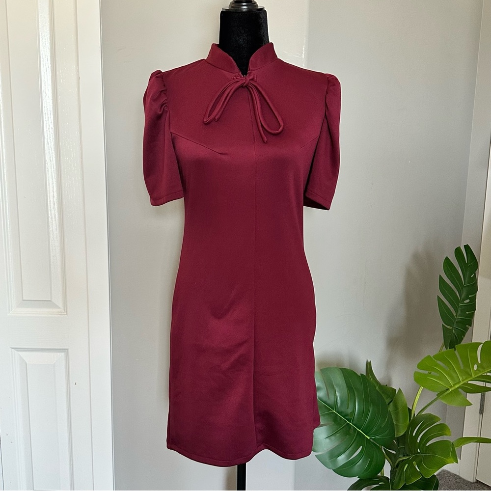 Wine Red Midi Chinese Collar Dress